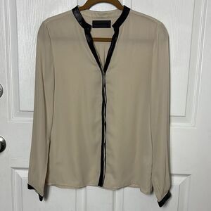 Blaque Label Cream Black leather trim button down Lightweight blouse size M